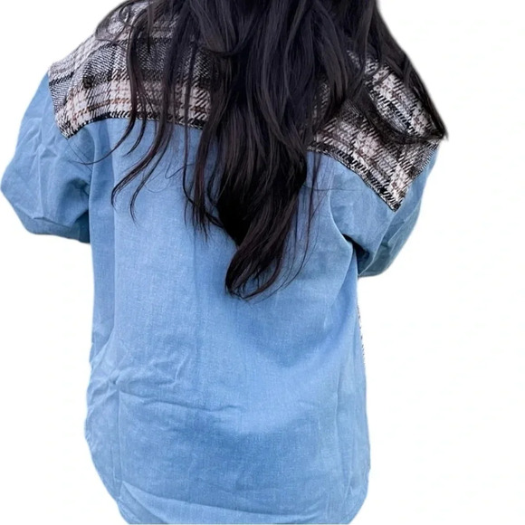 Plaid patchwork on light denim jacket XL NWT shirt - Picture 4 of 8